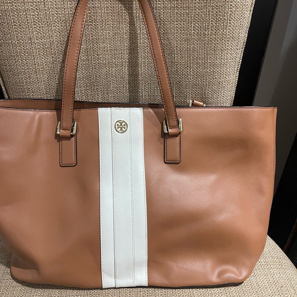 Tory Burch Brown and White Tote Bag